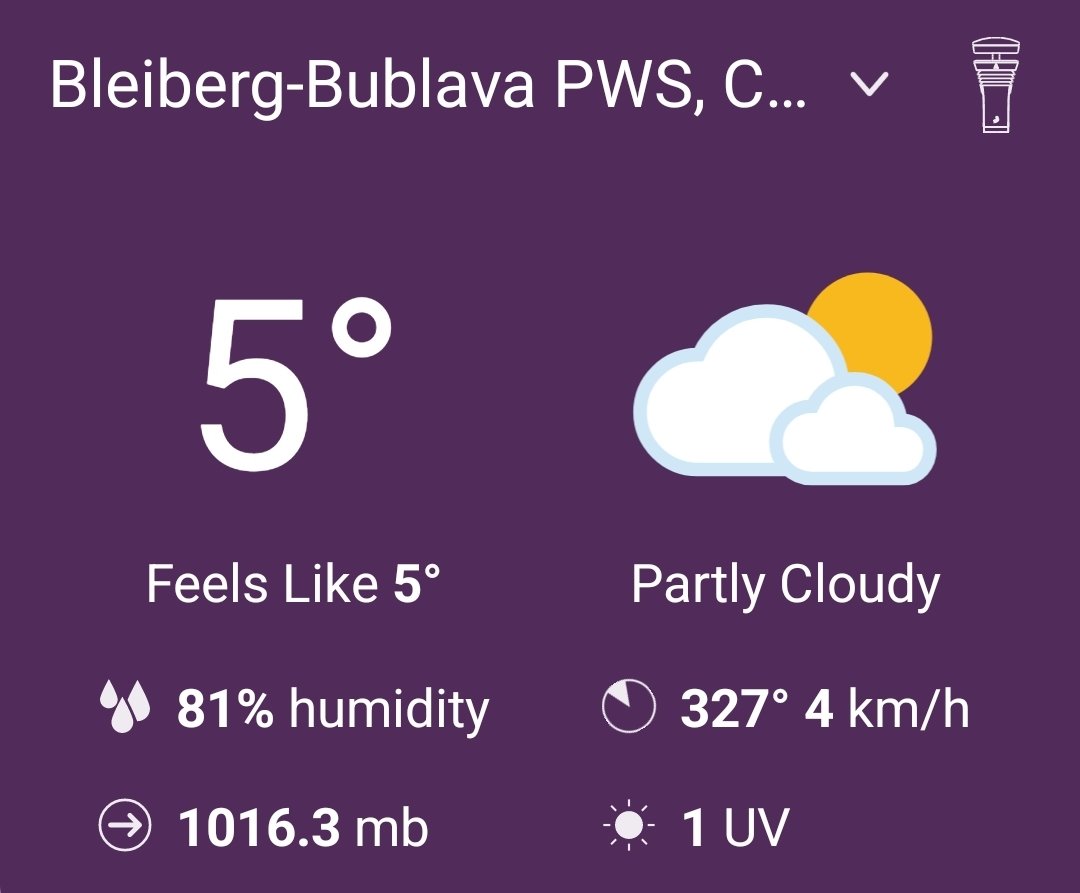omicronCZ's tweet photo. Bleiberg polojasno⛅
🌡️5°C, vlhkost 81%, UV1
Lehký vánek (1 Bft, Z).
Tlak➡️. Viditelnost 8 km.

Dnes až 7°C  a 🌧️ , napršelo 1.6 mm

Krásnou neděli z meteostanice #Tempest na Bublavě v Kruškách😊

Web:
https://t.co/zWB5C9JyCZ

#bublava #WeatherTweet #krusnehory #TempestAmbassador https://t.co/hH6xk8m19J