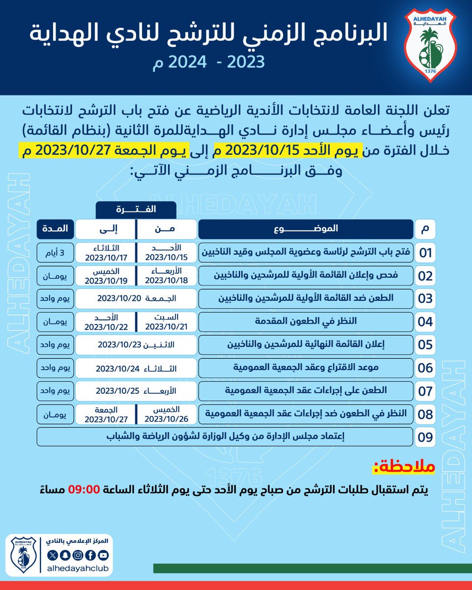 🚨🚨

اللجنة العامة لانتخابات الأندية الرياضية 

تعلن عن فتح باب الترشح لانتخاب رئيس واعضاء مجلس ادارة #نادي_الهداية 

للاطلاع على التفاصيل مرفق ادناه : 

📍الدليل الارشادي رابط الترشيح 

drive.google.com/file/d/10Nx6hl…

📍الدليل الارشادي لطلب العضوية

drive.google.com/file/d/10RD5ra…