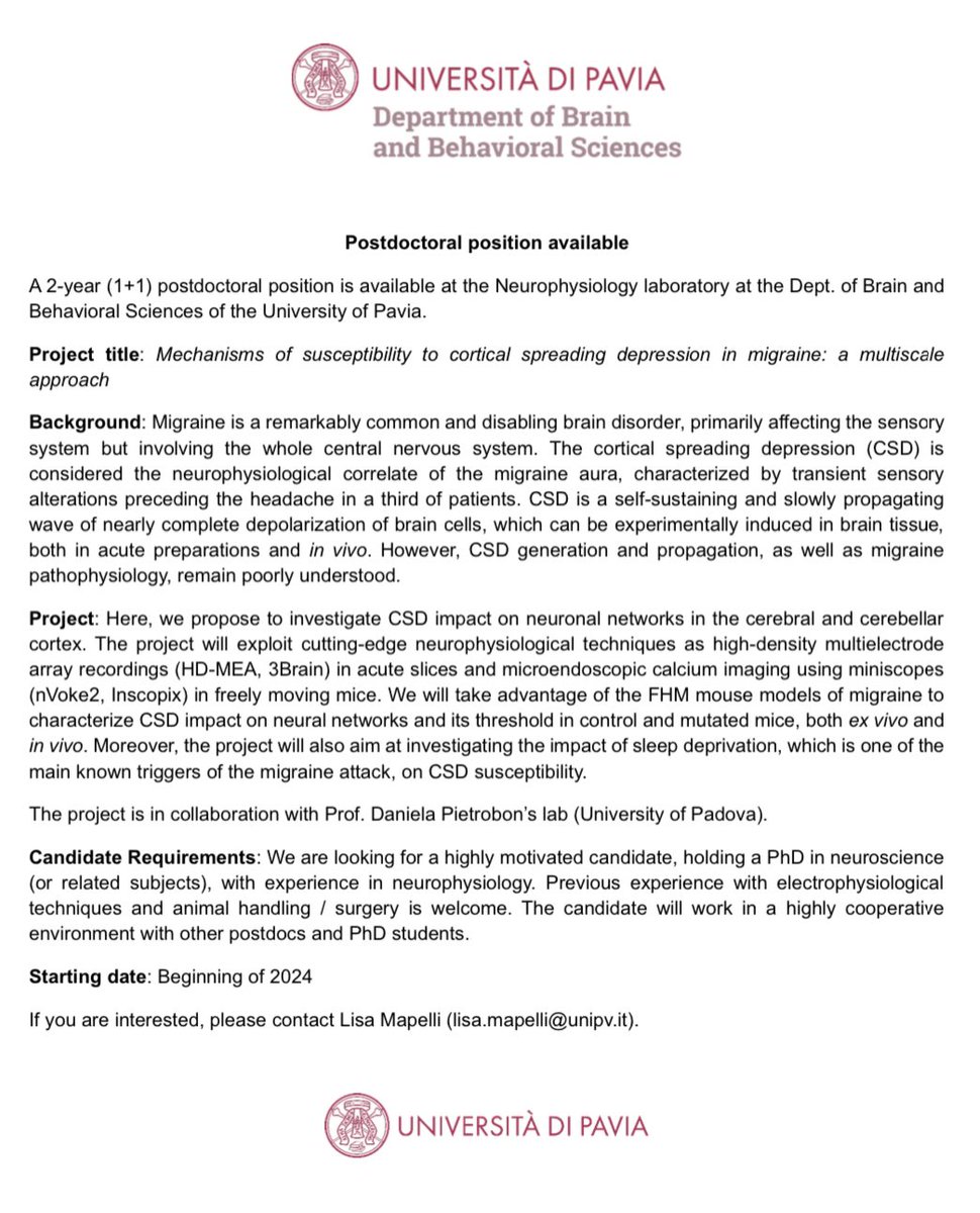 lisa_mapelli's tweet photo. #Postdoc position available!

We're starting a new project on #migraine pathophysiology at @unipv with special focus on  #cerebellum and #prefrontal cortex.

Check the details 👇
#neurophysiology #postdocjobs https://t.co/DeiCiUxGdB