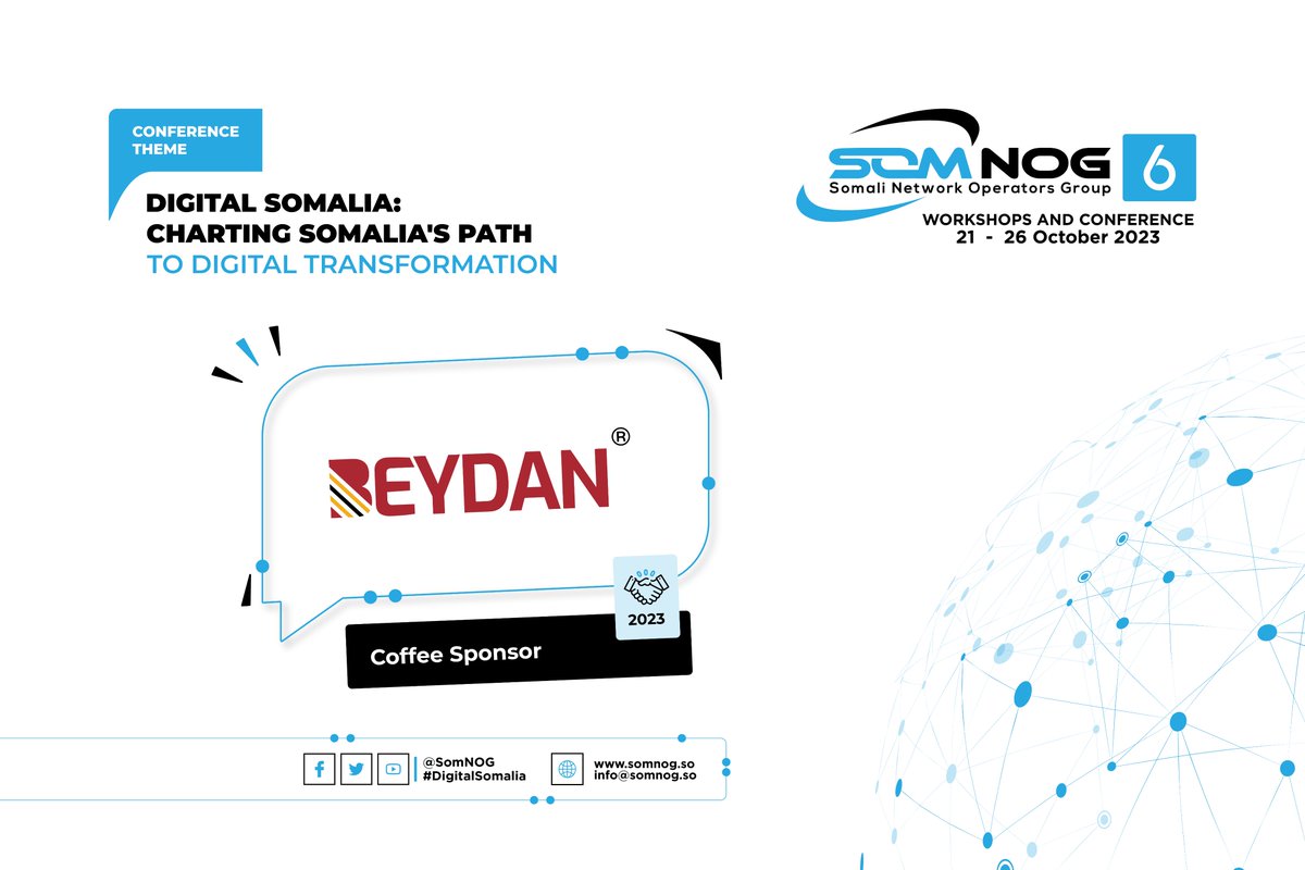 We are delighted to announce that Beydan Coffee is the official coffee sponsor of #SomNOG6 Workshops. Our heartfelt thanks to @BeydanCoffee for boosting our sessions and fueling our minds with their delicious coffee to keep us energized and focused. #DigitalSomalia #CoffeeSponsor