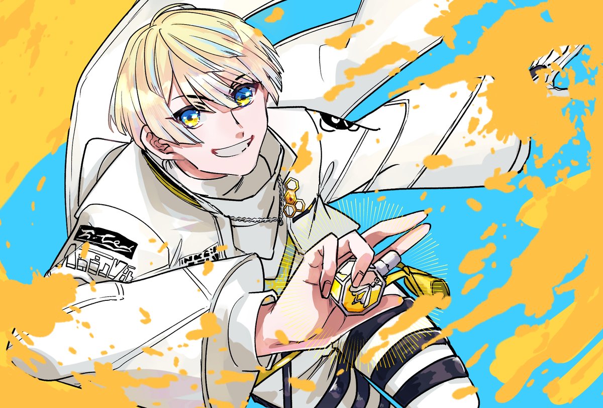 1boy male focus blonde hair solo smile blue eyes jacket  illustration images