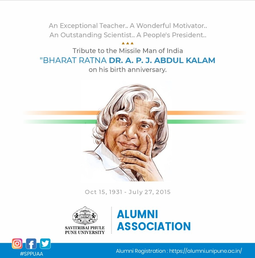 SPPUAA's tweet photo. Remembering Bharat Ratna, Dr. APJ Abdul Kalam, on his Birth Anniversary. His vision, humility, and dedication to science and education continue to inspire us all. 🚀📚🙏 @ugc_india

 #APJAbdulKalam #MissileMan #APJAbdulKalamBirthAnniversary https://t.co/2KBJYM5nMZ