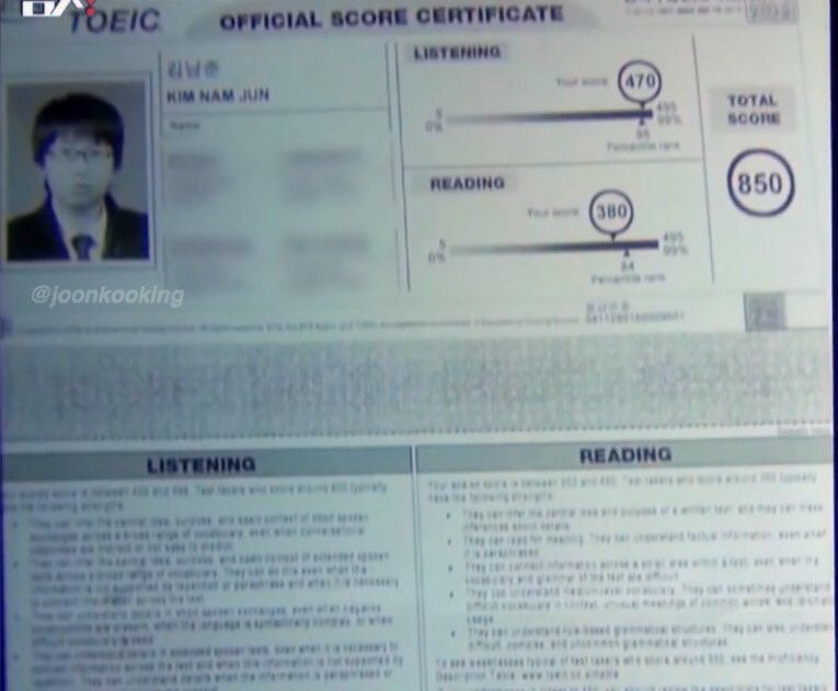 BTSARMYcasa's tweet photo. [💬]
#BACTalks Trivia 

Namjoon pernah bilang di Weverse dia tes TOEIC buat seneng seneng katanya dan di suatu interview dia bilang dia dapet nilai 915/990, skor rata-rata di Korea Selatan sekitar 670 :)

Translate Weverse: 
🐨 tes TOEIC lagi untuk pertama kalinya dalam 10 tahun untuk bersenang-senang.. 🙃

Waktu masih siswa setelah belajar di New Zealand, dia dapet nilai TOEIC 850/990. Dia beberapa kali tes TOEIC buat iseng aja tapi nilainya tetep tinggi 😭