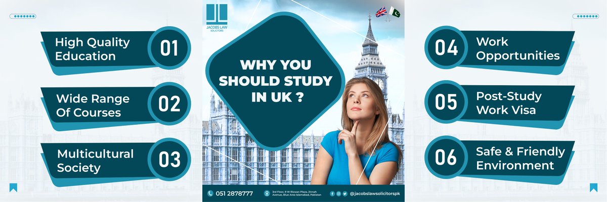 jacobslawpk's tweet photo. 𝐒𝐓𝐔𝐃𝐘 𝐈𝐍 𝐔𝐊..! 
- High Quality Education 
- Wide Range Of Courses 
- Multicultural Society 
- Work Opportunities 
- Post-Study Work Visa 
- Safe &amp; Friendly Environment  

#JacobsLaw #JacobsLawSolicitors #WorkinUK #lawfirm #immigration #immigrationrights #SkilledWorkVisa https://t.co/5SX6GhZ99W