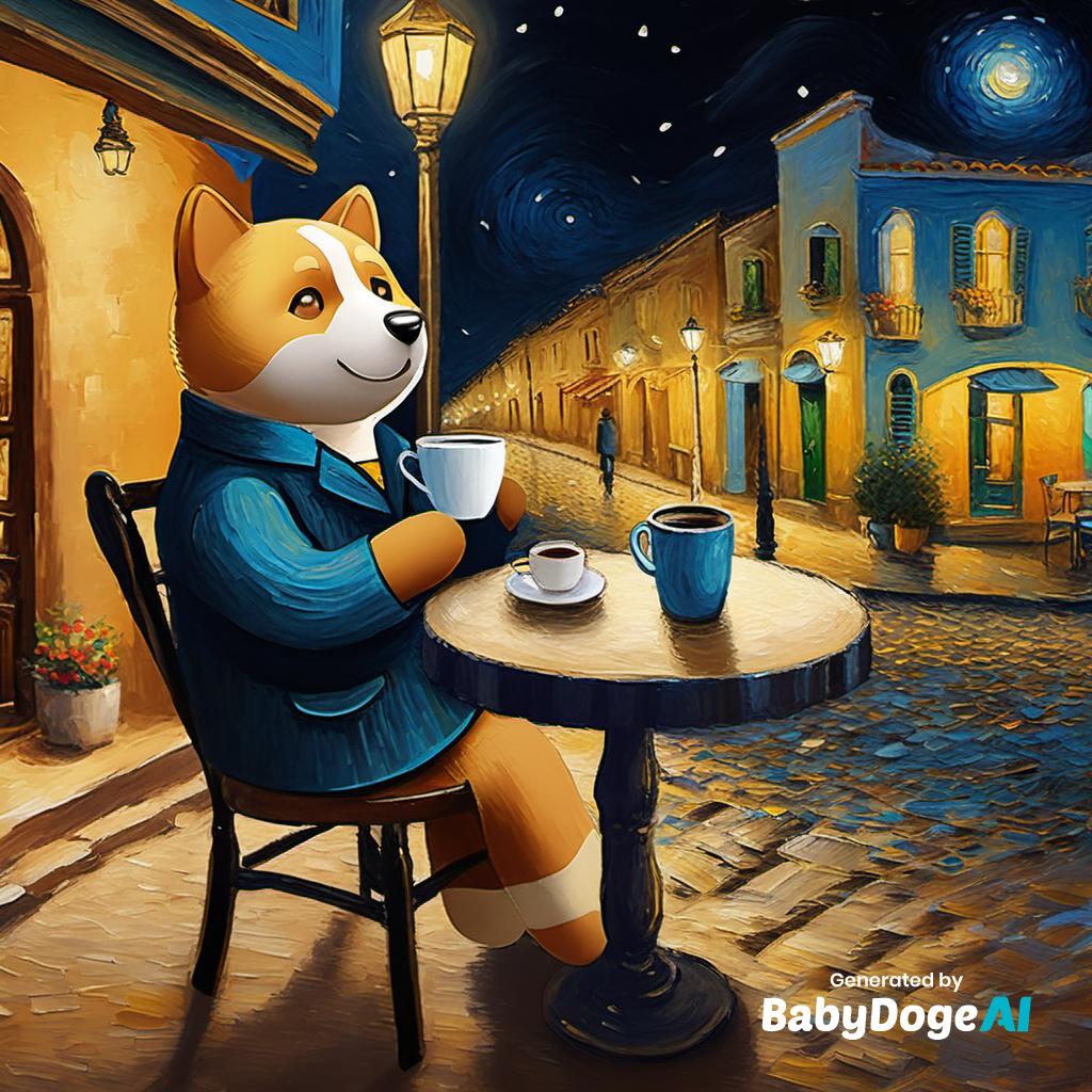 "The painting of babydoge who is in the Cafe Terrace at Night, subtly showing the oil painting style of Vincent Van Gogh, babyDoge is sitting on a chair, enjoying delicious coffee" Generated with #BabyDogeAI, create yours now at babydogeswap.com/ai