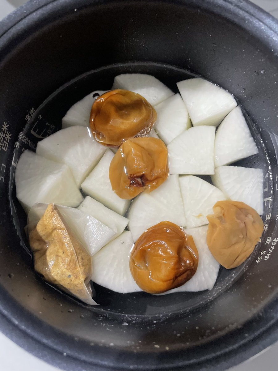 oniku117's tweet photo. これまじで便秘気味な人とか食べた方がいいと思う。これ食べると次の日体軽いし、肌荒れしてる時は改善されていくのが好き。大根半分と水1ℓと梅干し適量と出汁パック入れて炊くだけ。最近気づいたのは出汁強めの梅干しを水300mlくらいに1つ入れるとまじで美味しい https://t.co/q7YMMCtfm6