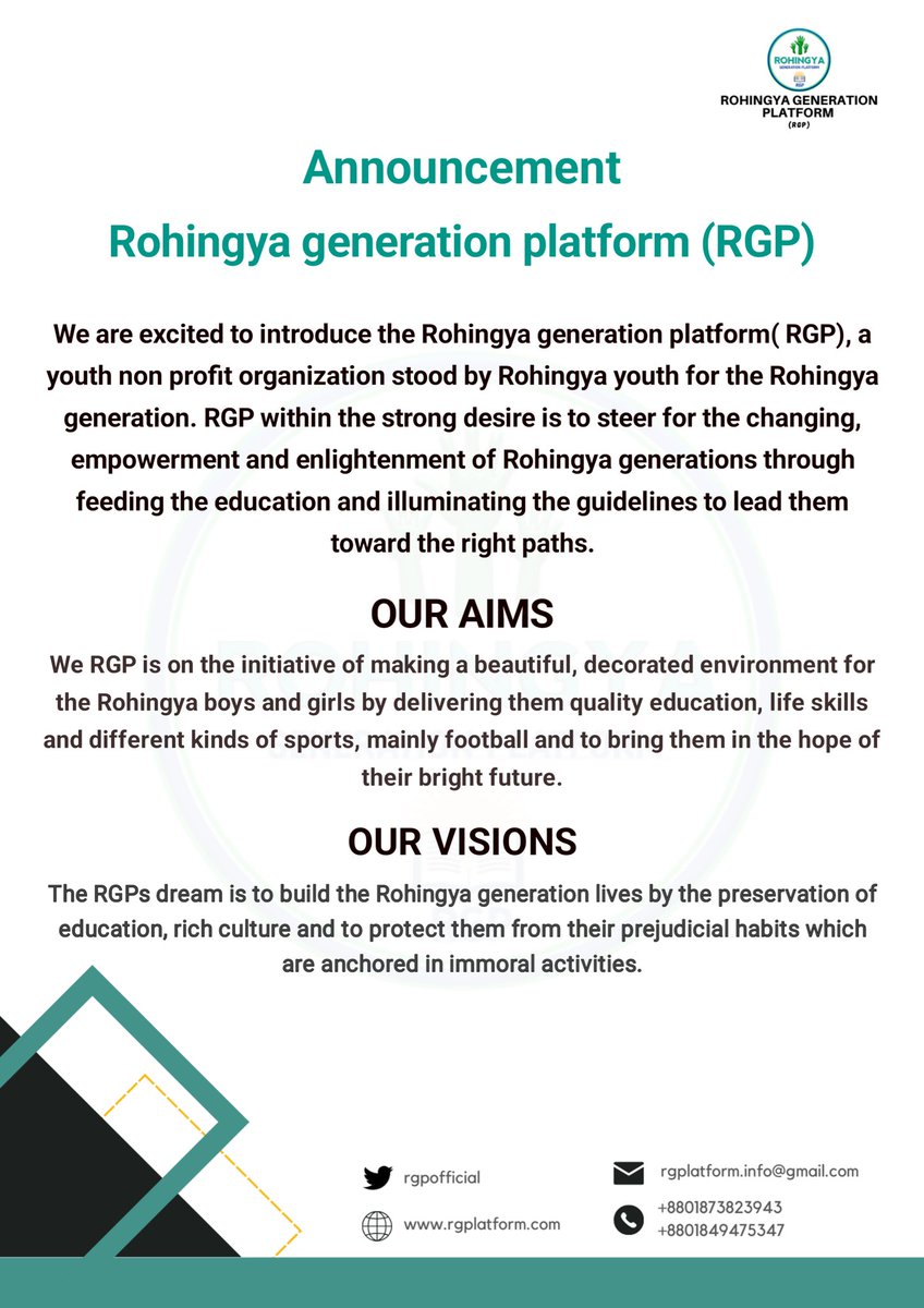 rgplatform's tweet photo. ANNOUNCEMENT

Rohingya generation platform/@rgplatform (RGP)

We are excited to introduce the #Rohingya #generation platform( RGP), a youth non profit organization stood by Rohingya youth for the Rohingya generation. https://t.co/1Au3dK1VjX