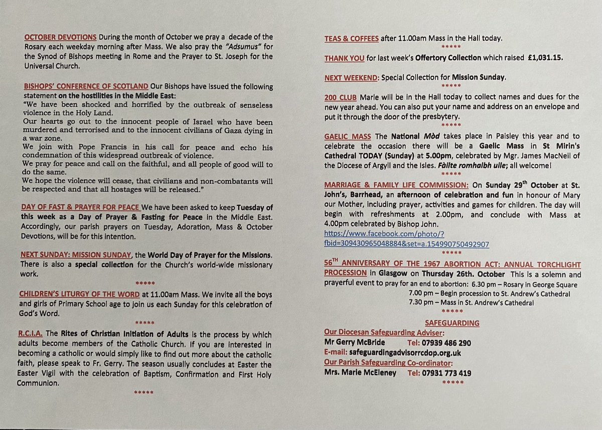 SPG Sunday Bulletin: 15.10.2023: 28th. Sunday of Ordinary Time: October Devotions: Bishops’ Statement on Middle East - Day of Prayer for Peace: RCIA: Next Sunday is Mission Sunday.