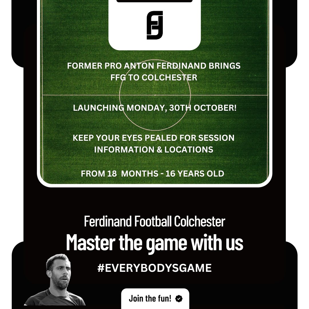 🌟 Welcome to Ferdinand Football Colchester! 🌟

ferdinandfootballgroup.co.uk/colchester/

      Launching: Monday, 30th October
📍 Location: Colchester, UK

At Ferdinand Football Colchester, we believe that football is truly #EverybodysGame ⚽️ ages 18 months - 16 years
