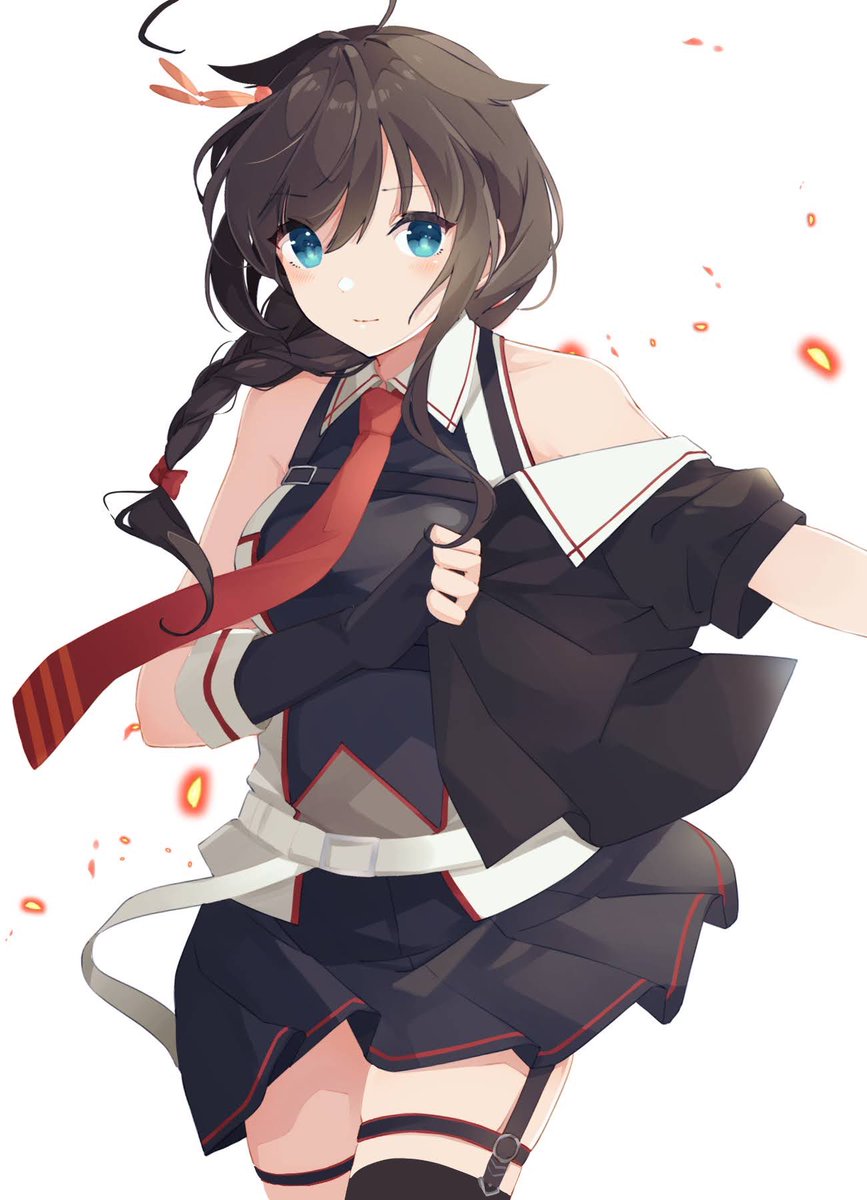 shigure (kancolle) ,shigure kai ni (kancolle) 1girl solo braid blue eyes skirt hair flaps single braid  illustration images