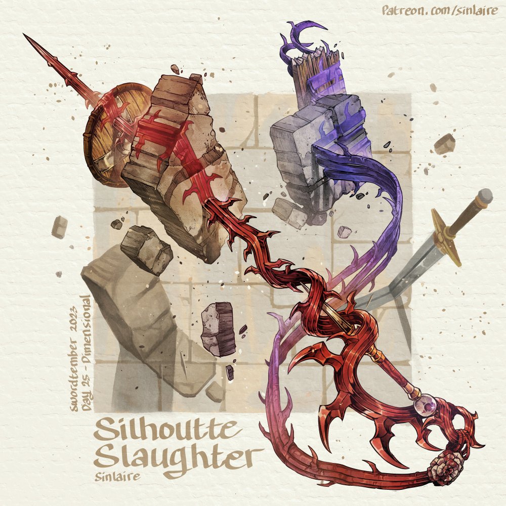 #swordtember Day 25 - Dimensional Silhouette Slaughter A sword belonged to a two-dimensional eldritch being, Count Complanor. It can turn itself into two-dimension. allowing the blade to slip through armor. Hi-res image, stat, and card available on Patreon #Swordtember2023