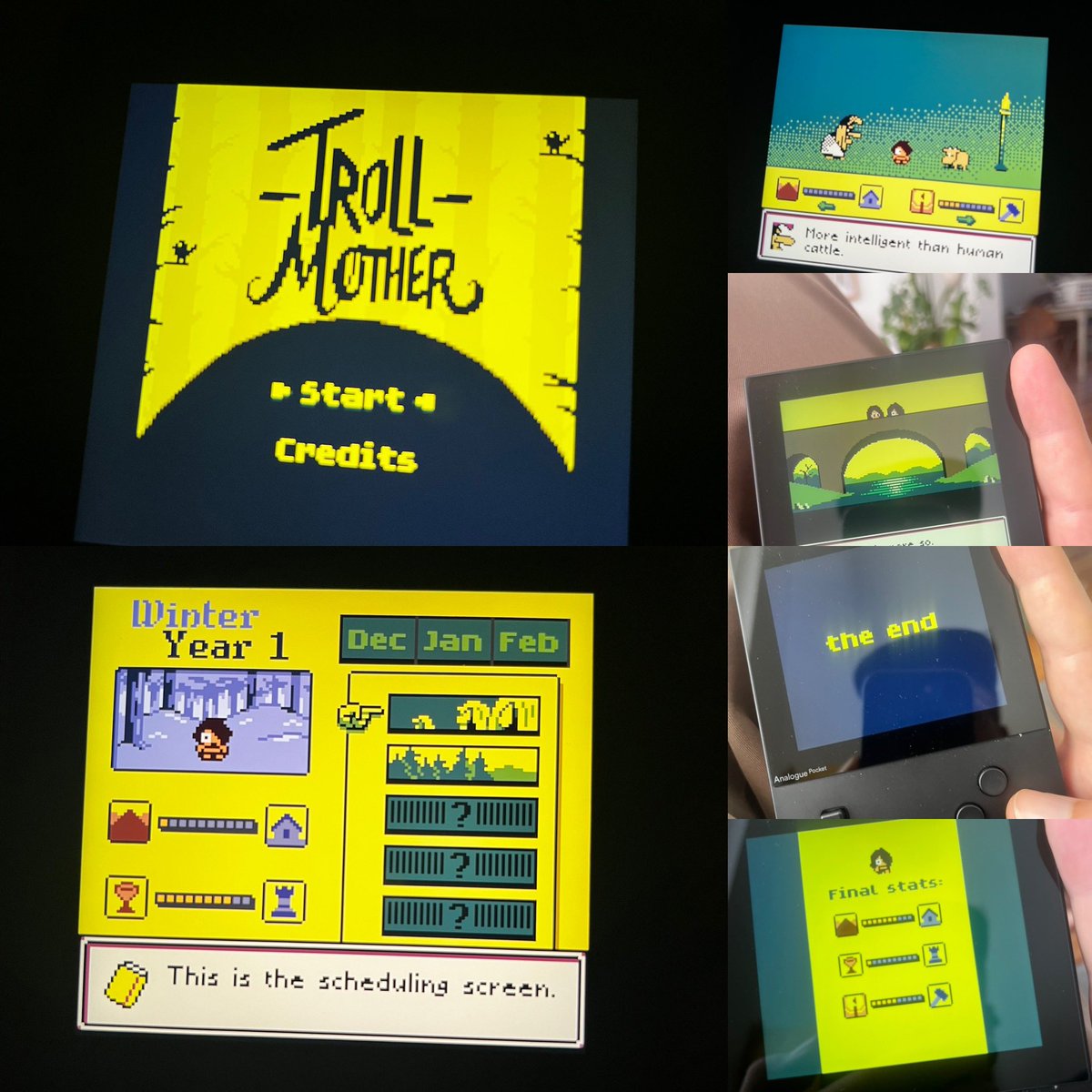NewGameOldFlame's tweet photo. Troll Mother @josefolsson 
Play as a troll which raises a kid from the woods. You decide what he does and this will make his stats change. The kid will find characters to talk to along the way. Probably has multiple endings. Great graphics and storytelling!

#gbcompo23 https://t.co/Csk9RYQhgJ