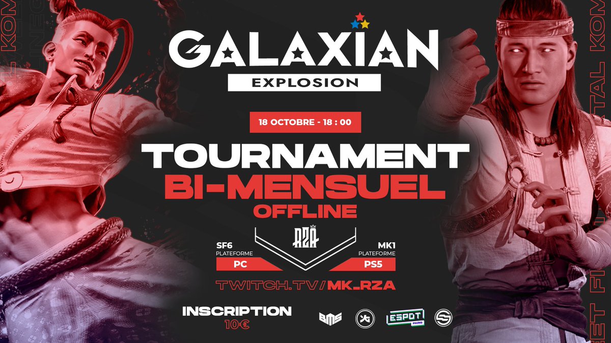 Retour des Galaxian Explosion à <a href="/espotparis/">ESpot</a> dès ce mercredi 18 octobre🔥🔥

Changement de formule

- On passe en bi-monthly
- Mortal Kombat 1 (PS5) rejoint Street Fighter 6 (PC)
- l'inscription descend à 10 € (Inscription en ligne, paiement sur place)
- Une seul inscription pour