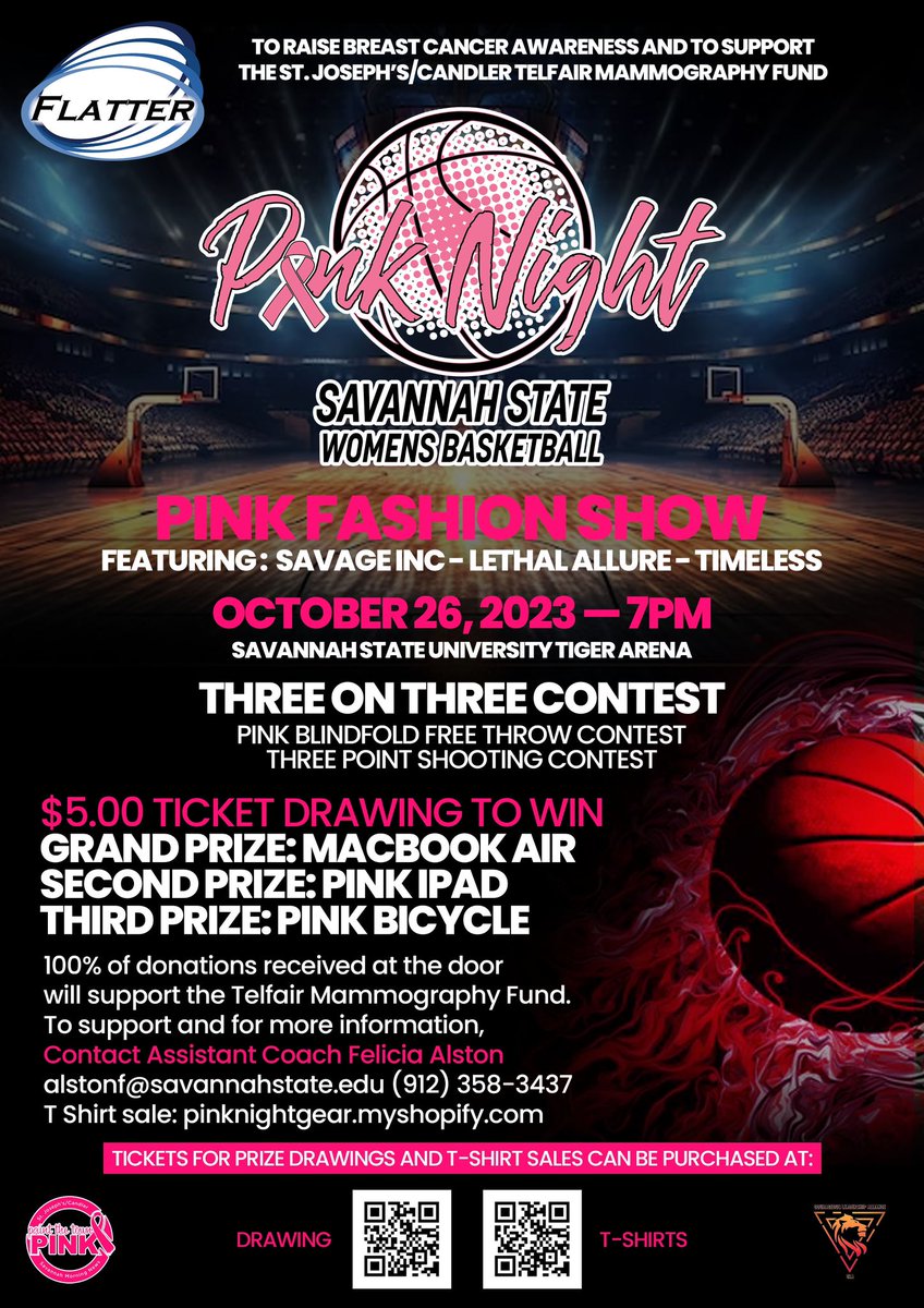 Thank you in advance for your sincere consideration on supporting Pink Night and the Savannah State Women’s Basketball program.

T-Shirt Sales: pinknightgear.myshopify.com

Prize Drawing: bit.ly/pinknightdrawi… (Do not need to be present to win) 
Thank you! 🏀🏀