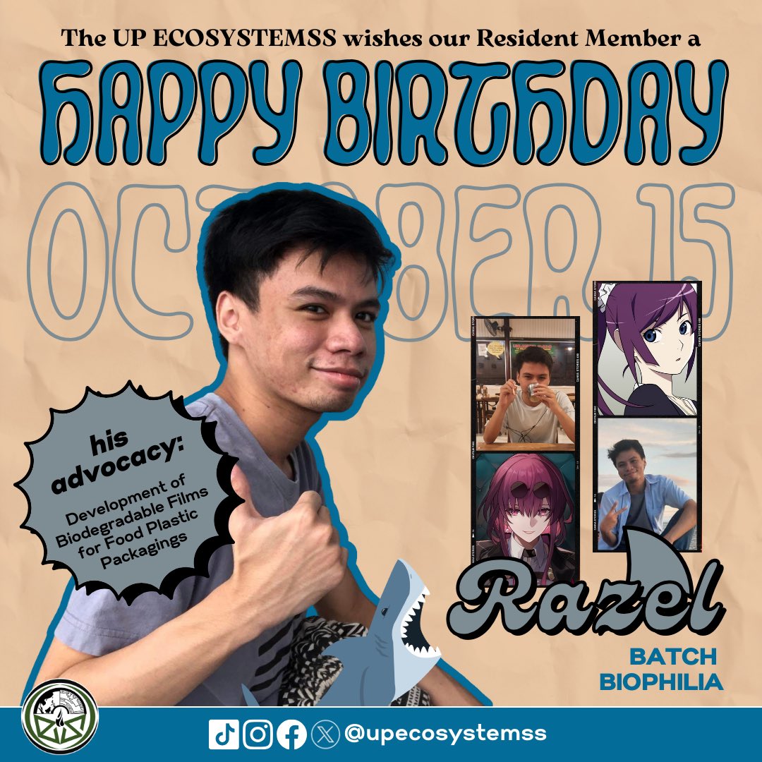 upecosystemss's tweet photo. Happy Birthday to our resident member, 𝐑𝐚𝐳𝐞𝐥, of Batch Biophilia! 🌱🎂

Your passion for crafting biodegradable films is as sweet as blueberry cheesecake, &amp;your dedication is like the addictive storyline of Honkai Star Rail. 🍰🚀

#UPECOSS 💚
#HappyRazelDay!

🎨: Bam Mortera https://t.co/vOPnoA6dOK