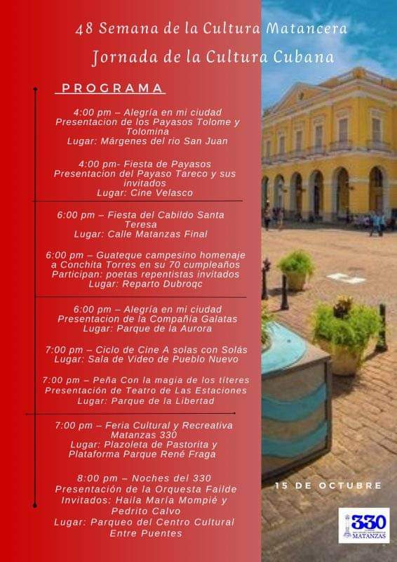 🗣Conozca las actividades para este domingo de la Cultura Matancera 👇👇👇

#Matanzas330 #MatancerosEnVictoria
#JornadaCulturaCubana #CulturaMatancera
#MatanzasEnamora