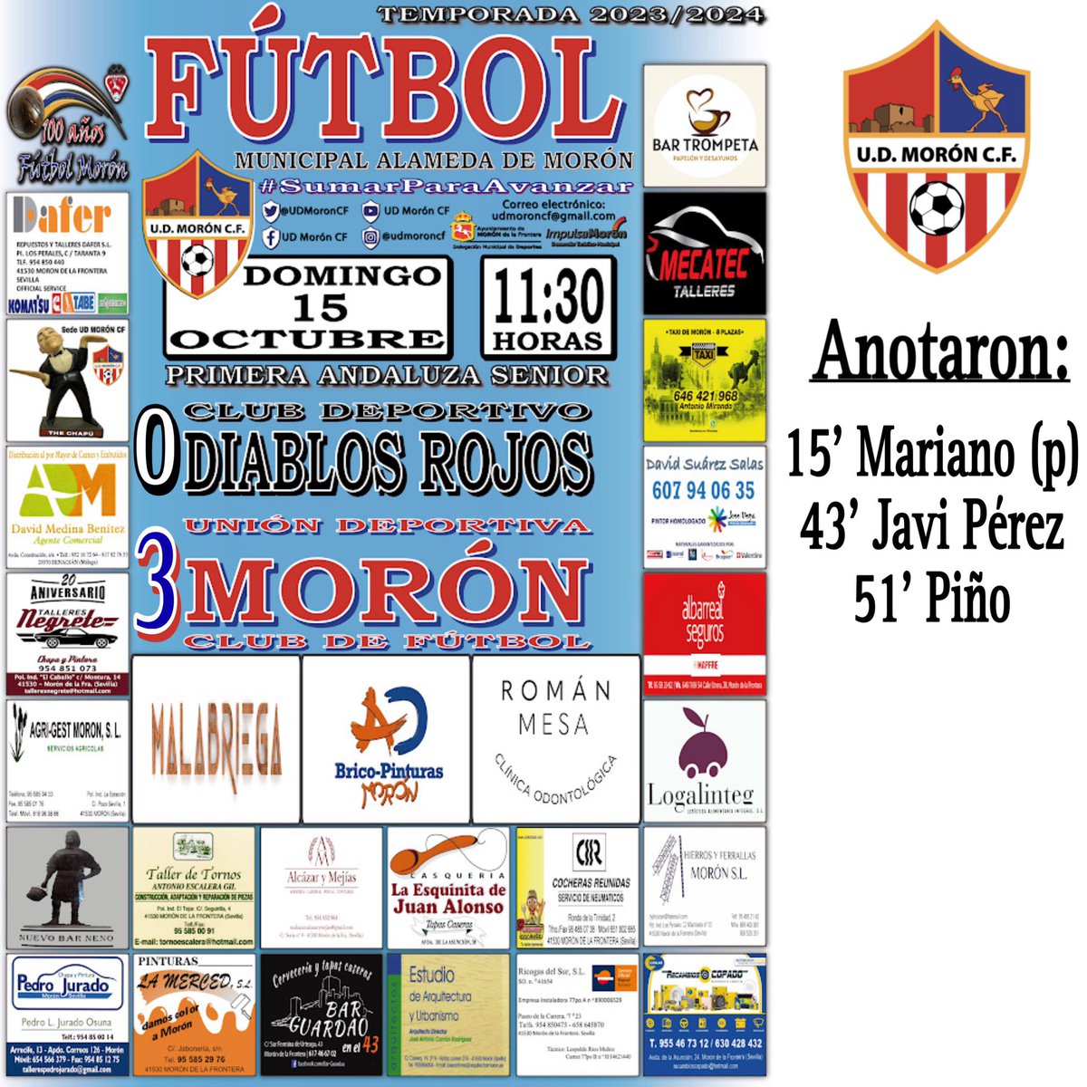 UDMoronCF's tweet photo. ⚽️𝗧𝗘𝗠𝗣𝝝𝗥𝝠𝗗𝝠 𝟮𝟬𝟮𝟯/𝟮𝟬𝟮𝟰
5️⃣JORNADA - Senior
⌛FINAL DEL PARTIDO en Morón, VICTORIA, controlado y trabajado de principio a fin👏🏽💪🏽
⚽️ #UDMCF 3️⃣🆚0️⃣ #CDDR
✅Anotaron: Mariano (p), Javi Pérez y Piño
🏆#1ªAndaluzaSENIOR
🙌🏽🇹🇭⚽️ #SumarParaAvanzar
❤️🤍💙#VamosMiMorón https://t.co/gefhzjDi2p