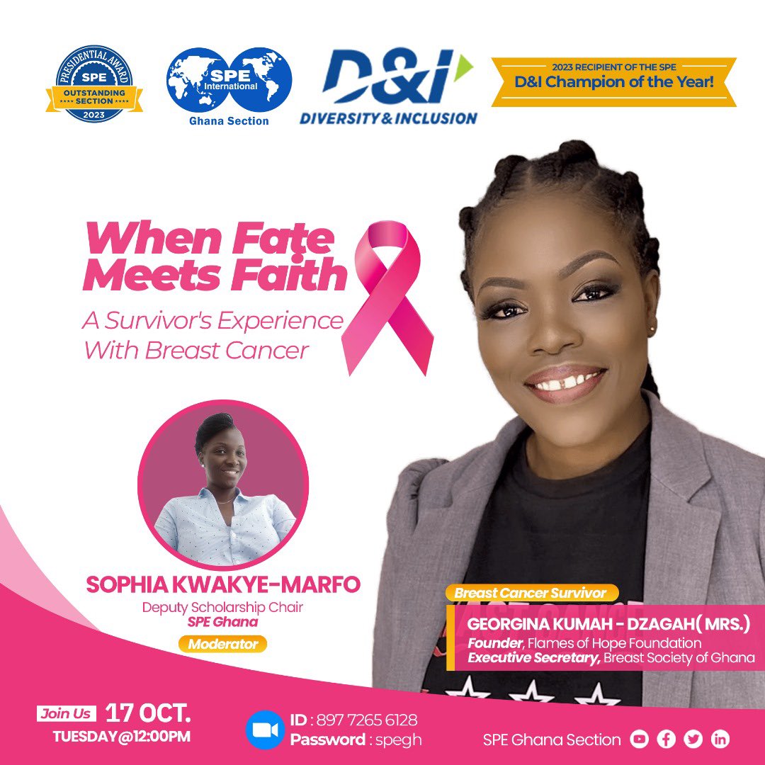SpeGhana's tweet photo. Join us in this impactful discussion and let’s together contribute to the fight against breast cancer.
𝗖𝗵𝗲𝗰𝗸 𝗳𝗹𝗶𝗲𝗿 𝗳𝗼𝗿 𝗱𝗲𝘁𝗮𝗶𝗹𝘀
Join us via the Zoom link below:
https://t.co/FT1G42Yf9o
#We_ are_SPE
#DiversityandInclusion #BreastCancerAwareness https://t.co/8NzwxbPmVK