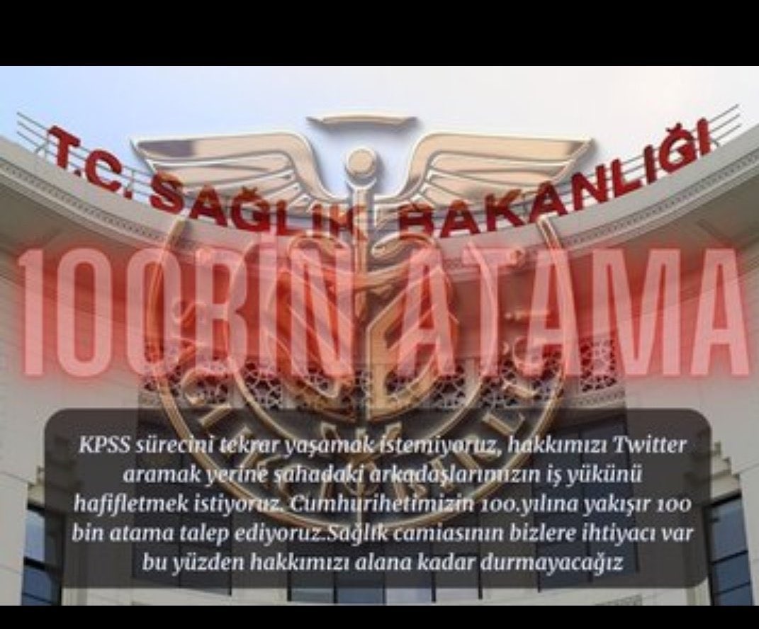 Sağlıkta 39 branş büyük  sabırsızlıkla adil dağılımlı ve yüksek sayıda istihdam bekliyor. Her gece bir umutla uyuyup her sabah bir umutla uyanan 800 bini aşkın sağlıkçı var. Büyük bir ivedilikle  100 bin atama onayı İSTİYORUZ 
<a href="/drfahrettinkoca/">Dr. Fahrettin Koca</a> 
<a href="/memetsimsek/">Mehmet Simsek</a>
#MaliyedenSaglıgaMüjde