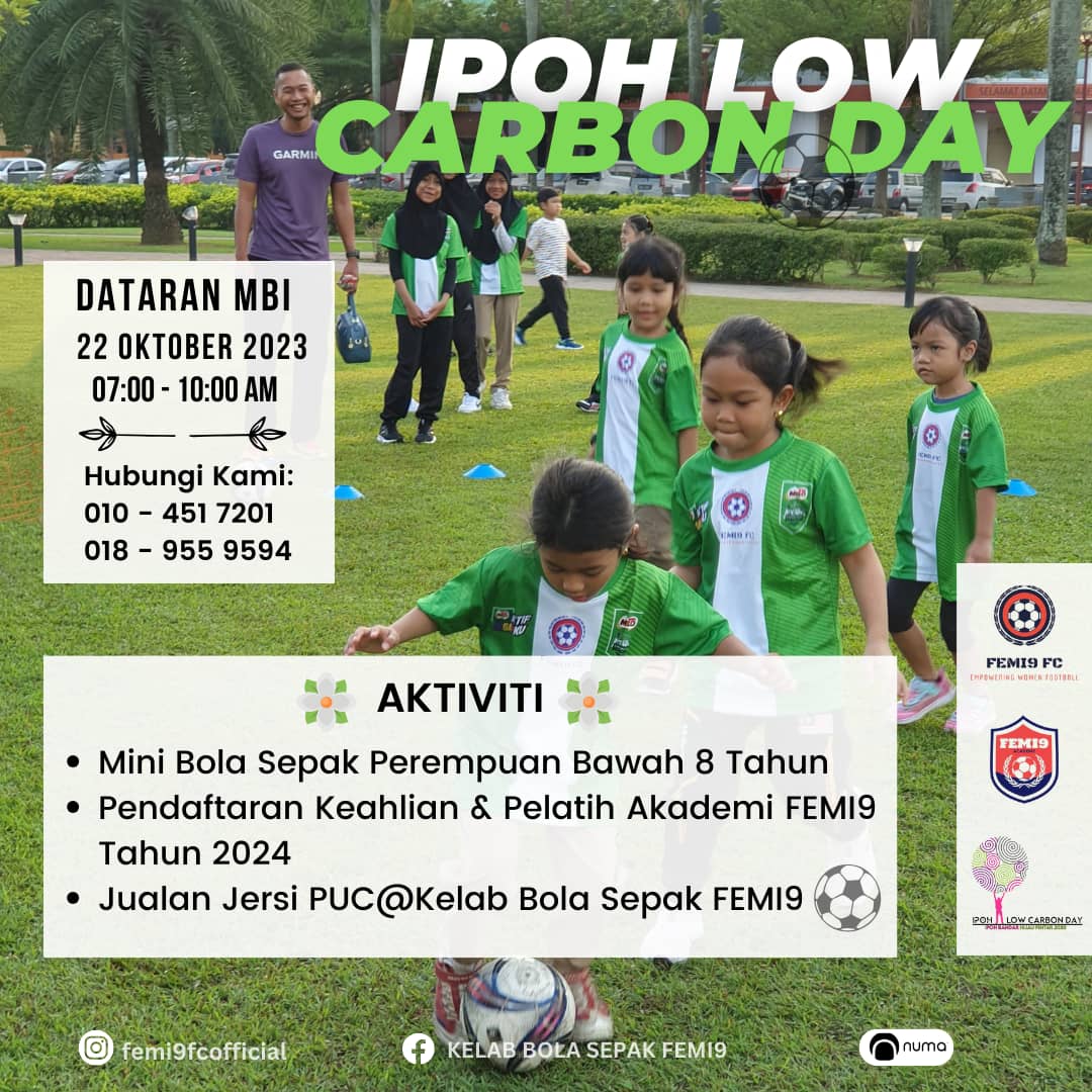 maxmillianaaa's tweet photo. FEMI9 FC @ IPOH LOW CARBON DAY

Calling all girls Under 8 around Ipoh, Perak to join us at Dataran Ipoh, Perak, for a mini soccer activity, new member registrations and jersey purchases!

@viralperak @MohKeIpoh @IpohAjer https://t.co/PmaE7BEWfK