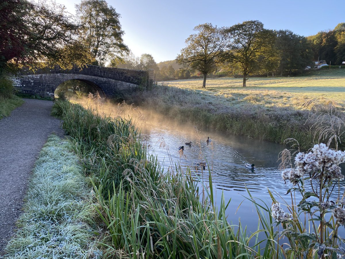 seaparkin's tweet photo. Frosty morning beautiful on Cromford canal. Needed more layers &amp; faster running 😆🥶 Buzzards making lots of noise. #cromford #derbyshire #derwentValley #canal #autumn #frost #trees #birds https://t.co/LC5UJJ8kYf