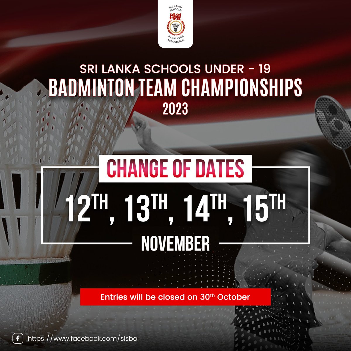 SriLankaSBA's tweet photo. Sri Lanka Under 19 Badminton Team Championship 2023.

Entries Close on 30th October 2023 https://t.co/GqnTL0fccT