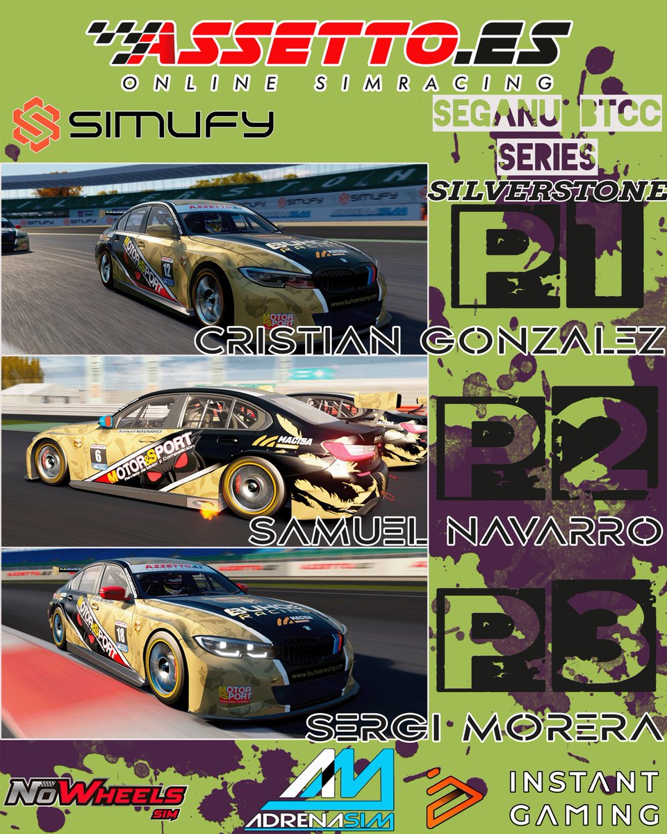 📢 Podio del campeonato Seganu BTCC Series en el circuito de Silverstone

1⃣ Cristian Gonzalez (<a href="/Cristiangr36/">Cristian🚀</a>)
  2⃣ Samuel Navarro 
    3⃣ Sergi Morera (<a href="/MoreraSergi/">Sergi Morera</a>)

Gracias a todos por participar!

Patrocinan <a href="/simufy/">Simufy</a> <a href="/AdrenaSim/">Carlos Sim</a> <a href="/NoWheelsSim/">NoWheelsSim Cockpits</a>