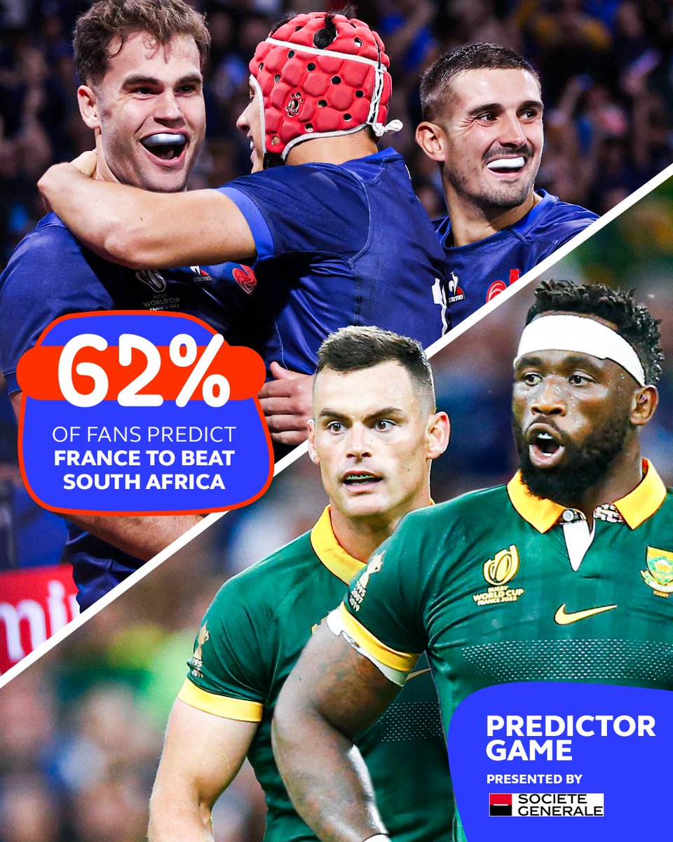 rugbyworldcup's tweet photo. Can France live up to the fan's expectations or will the Springboks take the win?
Make your prediction for #FRAvRSA here๐ณ
https://t.co/K8L9bkoNVK
#PredictorGame | #RWC2023 | @Paramourdurugby | @SocieteGenerale https://t.co/GEucsCgPC0