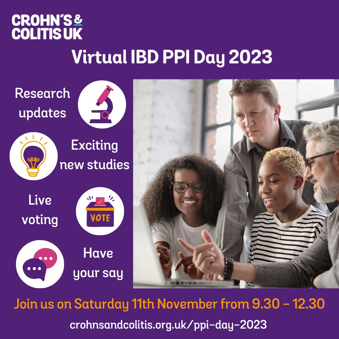 CrohnsColitisUK's tweet photo. There’s still time to register for our virtual Patient Involvement in Research Day on 11th November! It's a great opportunity to hear about the latest IBD research, and the researchers want to hear from YOU through live voting!

Find out more and sign up : https://t.co/S3KgFUgIIJ https://t.co/WhWby6t2Ri