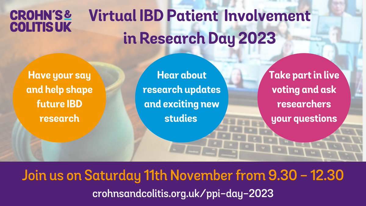 CrohnsColitisUK's tweet photo. There’s still time to register for our virtual Patient Involvement in Research Day on 11th November! It's a great opportunity to hear about the latest IBD research, and the researchers want to hear from YOU through live voting!

Find out more and sign up : https://t.co/S3KgFUgIIJ https://t.co/WhWby6t2Ri