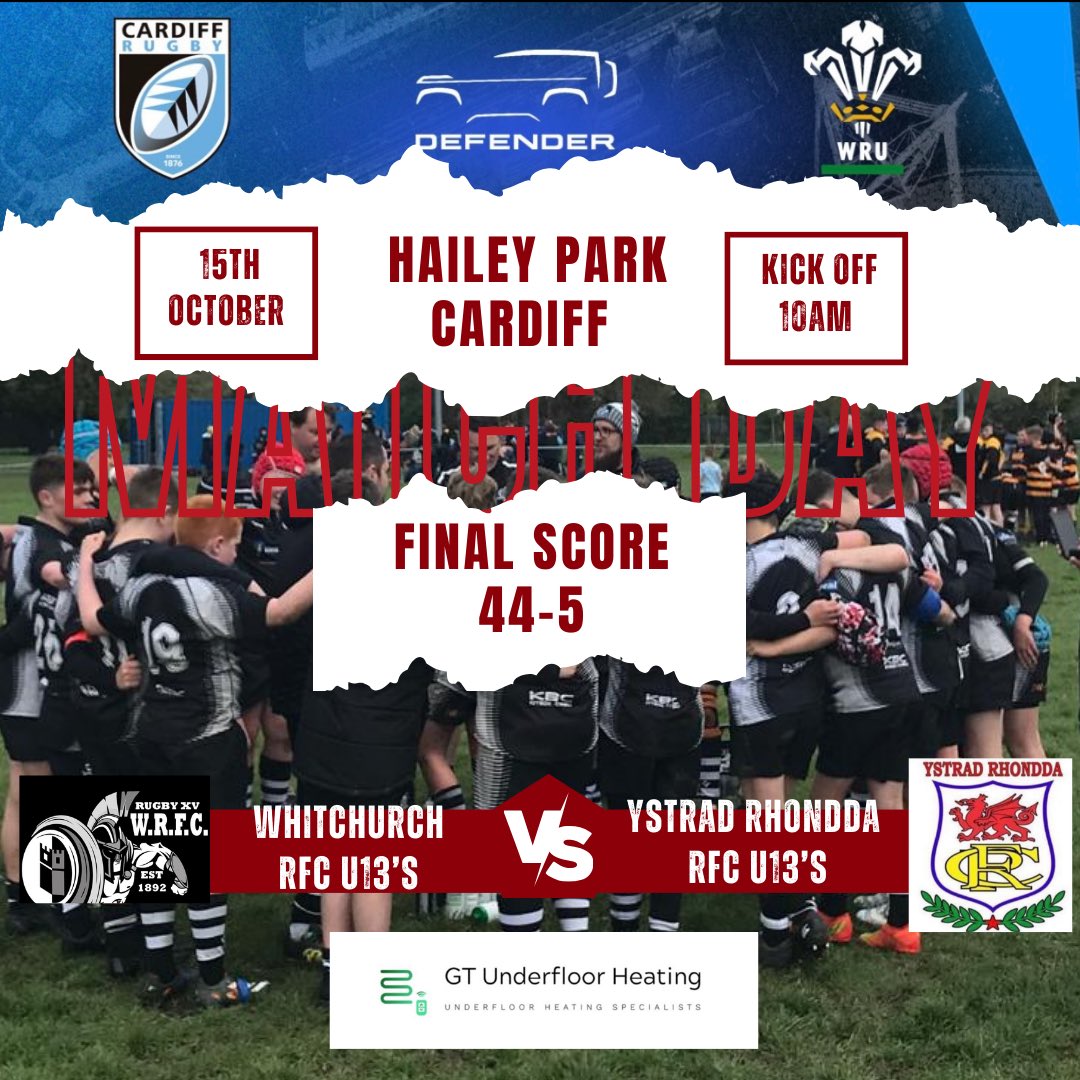 whitchurchU13's tweet photo. Cracking game today and another cup game done and dusted! Thanks for the game Ystrad Rhondda U13’s good luck for the rest of the season #roadtothearmspark2024
@CardiffRugbyCup 
@whitchurchrfcMJ 
Well done to Charlie MOTM!
Thanks to GT Underfloor Heating for sponsoring this match! https://t.co/uz5hDSXE4H