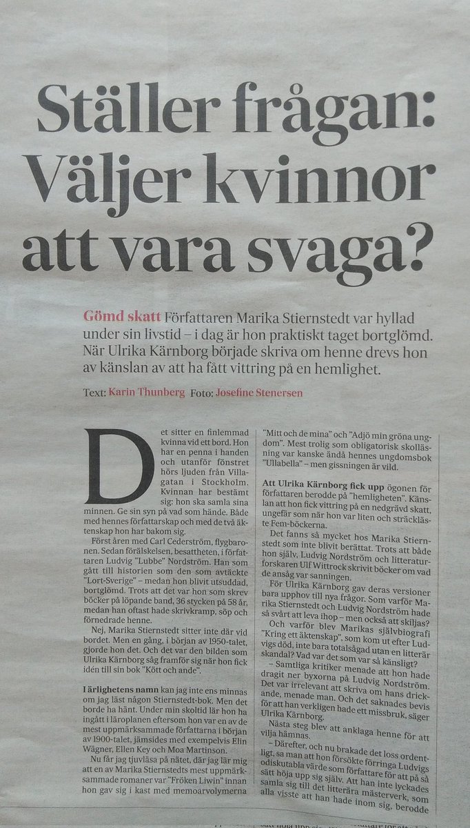 BEliasson2's tweet photo. I dag en läsvärd text av #KarinThunberg på @SvDKultur om och med @ulrikakarnborg , vilken skrivit en roman om författaren #MarikaStiernstedt (1875-1954), som, förhoppningsvis, nu kommer ut ur glömskans garderob! https://t.co/Na0I9zUrFR