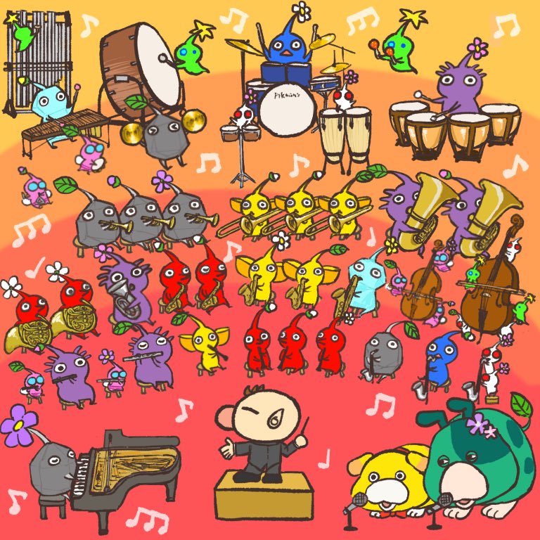 薬がハチャメチャに効いて
胃痛以外はなんか落ち着いて
変に元気になったので完成させました！

秋のピクミン音楽祭🎶
楽器描くの楽しかったー(　・ω・)！