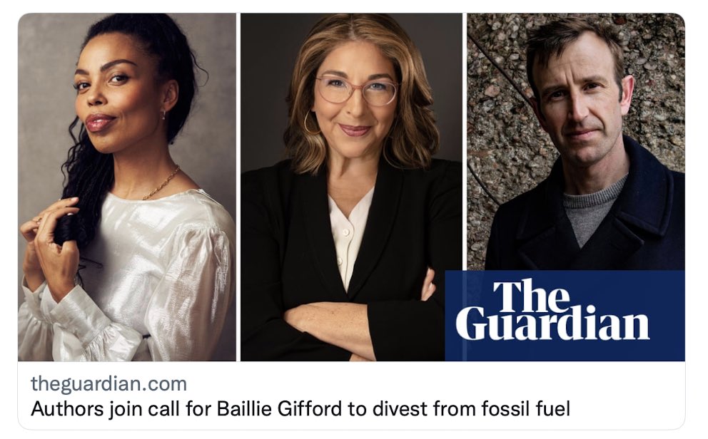 We stand with @fossilfreebooks in calling on @BaillieGifford to divest from fossil fuels. No cosy literary festivals on a dead planet No Booker Prize winners on a dead planet No culture on a dead planet No 'investment portfolios' on a dead planet