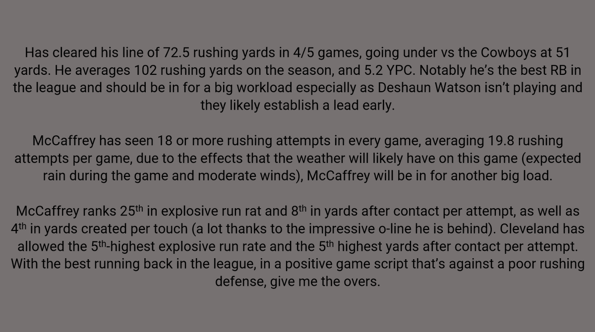 Hugo_Bets's tweet photo. 🏈WEEK 6 NFL BEST BET🏈
2U -CHRISTIAN MCCAFFREY O72.5 Rushing Yards

Write up below ✍️

#NFL #PlayerPropBets #PlayerProp #NFLPicks #NFLDFS #NFLBets #NFLPlayerProp #ChristianMcCaffrey #49ers https://t.co/RfmHCQhglA
