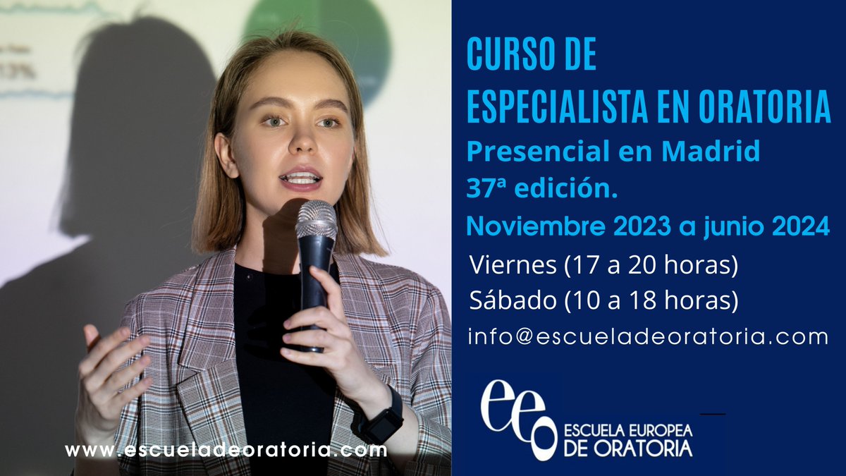 EOratoria's tweet photo. ¿Listo para convertirte en un maestro de la oratoria? 
No te pierdas  la 37ª edición del "Curso de Especialista en Oratoria" de la @EOratoria,  que se llevará a cabo de noviembre de 2023 a junio de 2024 en Madrid.  ¡Potencia tus habilidades de comunicación! 
#Oratoria https://t.co/9i6fNvLDzd