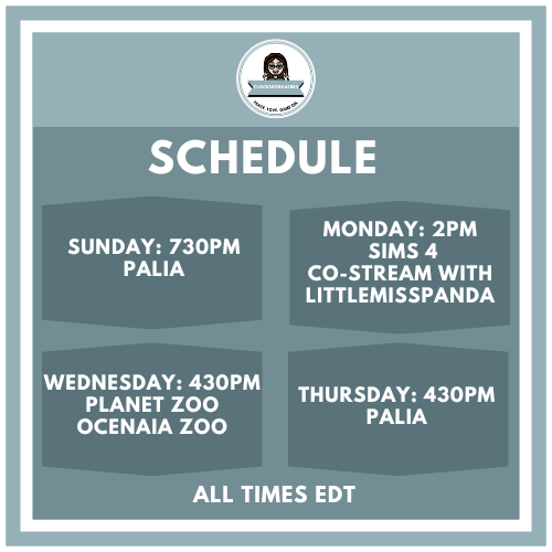 Clockwork4Sims's tweet photo. This week's schedule. Tonight will be a short stream as its been a long busy few days. I decided to just play some Palia and check out the new event! Hope to see yall sometime this week! https://t.co/uyCRKwYHIj