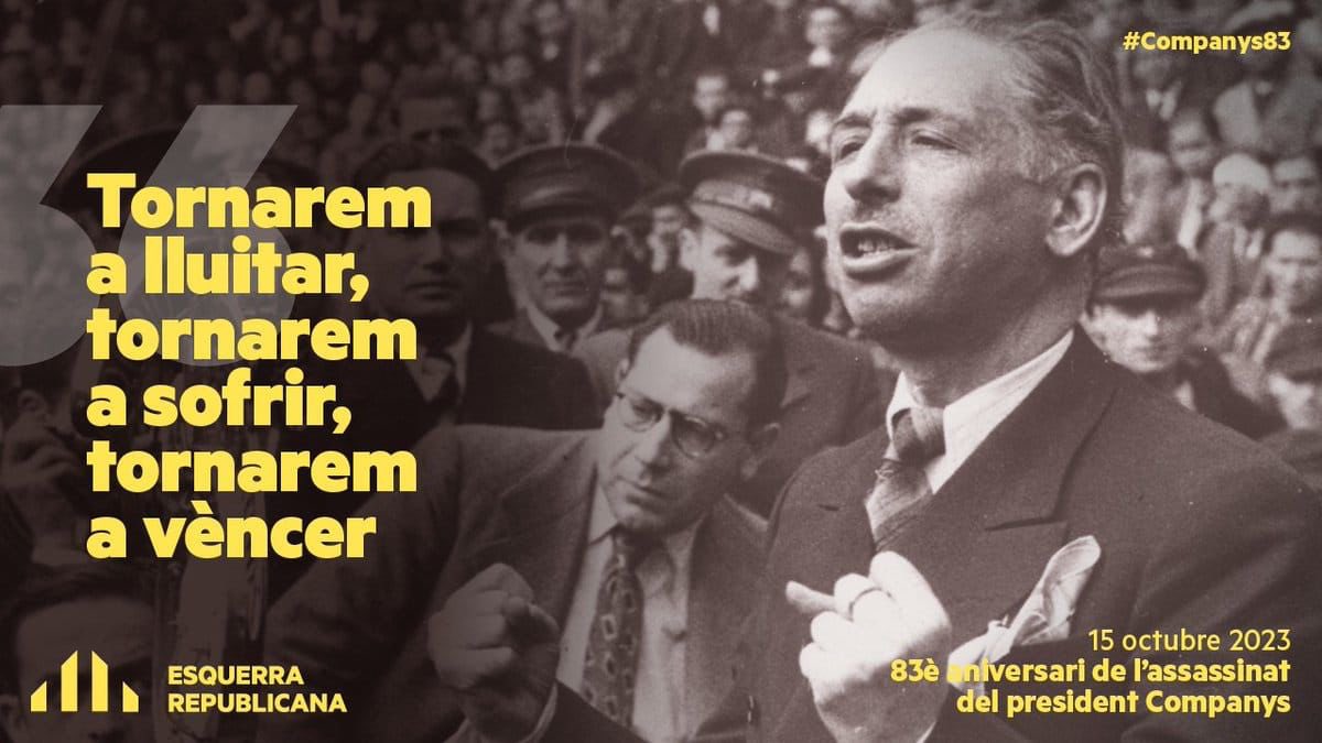 📢Avui fa 83 anys de l'assassinat del president Lluís Companys a mans del franquisme

✊Tornarem a lluitar, tornarem a sofrir i tornarem a vèncer per una #RepúblicaCatalana de drets i llibertats per a tothom!

#Companys83