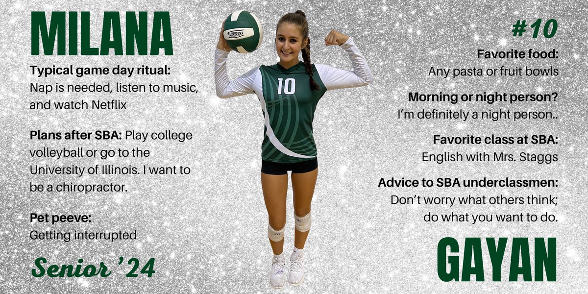 sba_volleyball's tweet photo. Senior Night is Monday, October 16! Over the next few days, we will be featuring our 9️⃣ seniors! Next up, right side hitter #10 Milana Gayan! 🏐🐻💚 #AKT

#stbedevolleyball #sbavolleyball #stbedeacademy #volleyball #ihsa #ihsavolleyball https://t.co/aJY8FGBXR1
