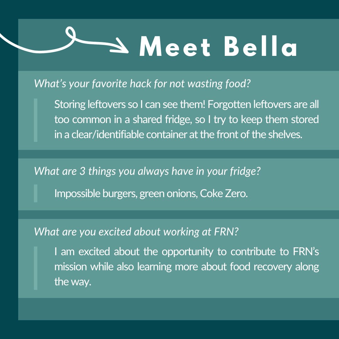 👋 Our team is growing! Meet Bella 👋 . Bella Petruccione, based out of Raleigh, NC, recently joined the Program Team at FRN as a Communications Assistant. Swipe to learn more! . #fightfoodwaste #foodrecovery #foodrecoverynetwork #foodwaste #frn