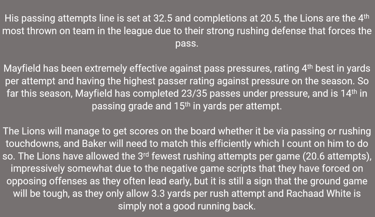 Hugo_Bets's tweet photo. 🏈WEEK 6 NFL BEST BET🏈
2U - Baker Mayfield O20.5 Pass Completions

Write up below ✍️

#NFL #PlayerPropBets #PlayerProp #NFLPicks #NFLDFS #NFLBets #NFLPlayerProp #BakerMayfield #Buccaneers https://t.co/KsxfBsSfUz