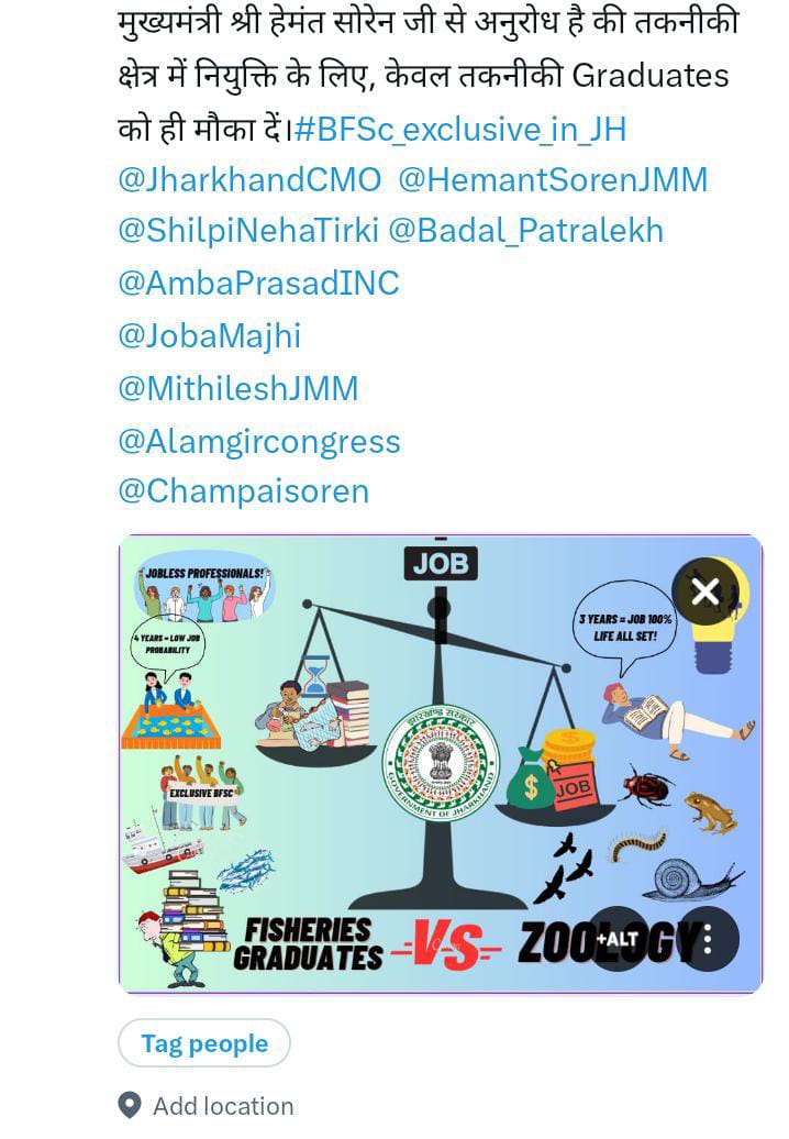 bilaskr2000's tweet photo. मुख्‍यमंत्री श्री हेमंत सोरेन जी से अनुरोध है की तकनीकी क्षेत्र में नियुक्ति के लिए, केवल तकनीकी Graduates को ही मौका दें।#BFSc_exclusive_in_JH
@JharkhandCMO  @HemantSorenJMM 
@ShilpiNehaTirki @Badal_Patralekh
@AmbaPrasadINC
@JobaMajhi
@MithileshJMM
@Alamgircongress
@Champaisoren https://t.co/oCmJsTaJhr