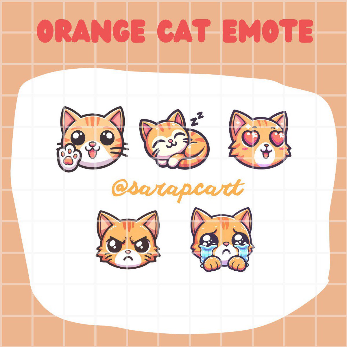 sarapcart's tweet photo. Orange Cat Emote Pack

• 5 emotes in 3 different sizes ( 112, 56, 28px)

You can purchase it on fiverr https://t.co/Fs4IdO0rw3 for 5$ or you can dm me and buy it using paypal so you don’t have to pay fees!
#twitchstreamer #twitchemote #emotes #catemote #twitchemotes https://t.co/oRQMr0hgjK