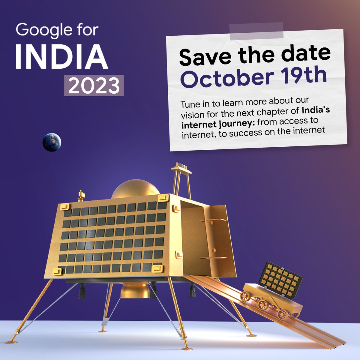 On October 19th, we will be sharing our vision for the next chapter of India’s internet journey: from access to the internet, to success on the internet with the help of AI 🇮🇳

Join us for the 9th edition of #GoogleForIndia 🚀

goo.gle/ForIndia23LIVE