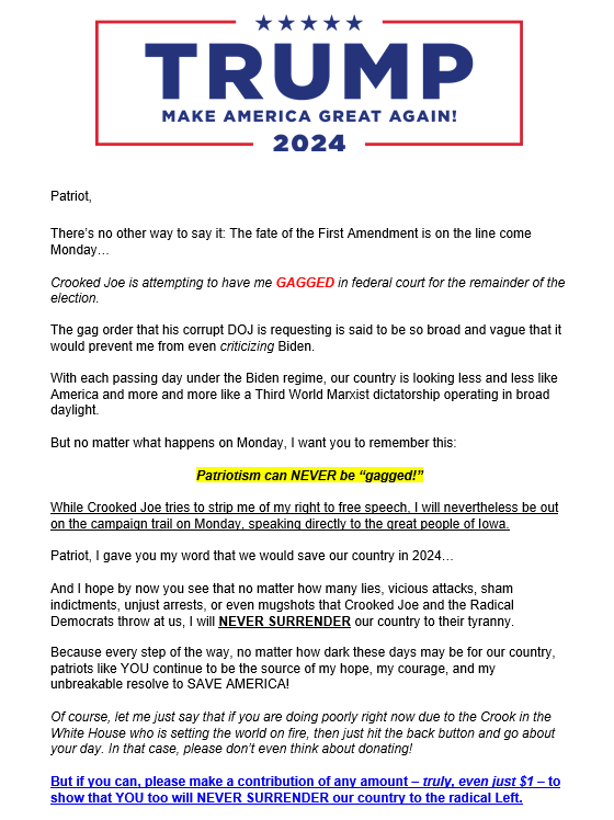 IamVyv's tweet photo. The latest lying and BSing bollocks from #TesticleHead.
I am pretty certain that the potential order will NOT prevent him criticizing (read that as more lying and BSing) Joe Biden etc!
He is such a whiney assed, self pitying POS. America's bigliest ever embarrassment. https://t.co/TO8Hta2Scj