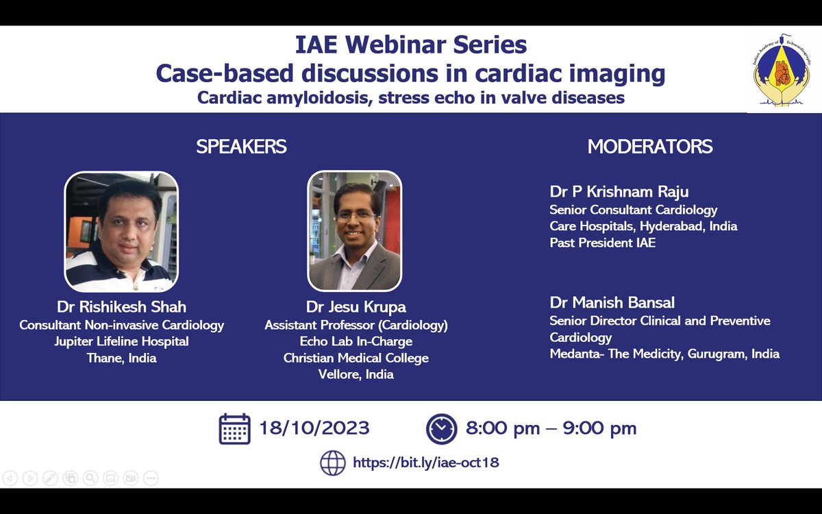 Welcoming to a case-based discussion on cardiac amyloidosis and stress echocardiography in valve diseases.. 18th Oct 2023, 20:00-21:00 India time bit.ly/iae-oct18 @manishaiims @jiae_cvi @Sashgov @jesukrupa