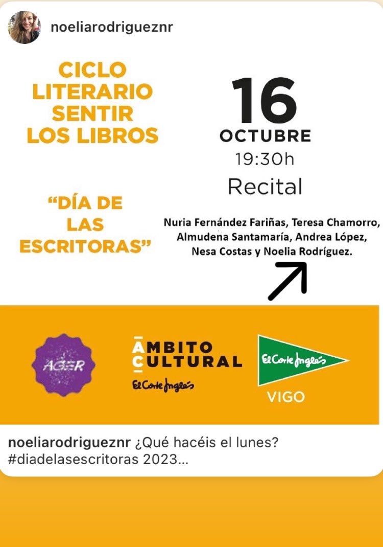 ¿Nos vemos mañana en <a href="/elcorteingles/">El Corte Inglés</a> Vigo? Estaré a las 19:30h con <a href="/Andrealosab/">Andrea Lopez</a> y <a href="/NesaCostas/">Nesa Costas</a> así como otras compañeras celebrando el día de las escritoras 📖📚✍🏼👩‍💻