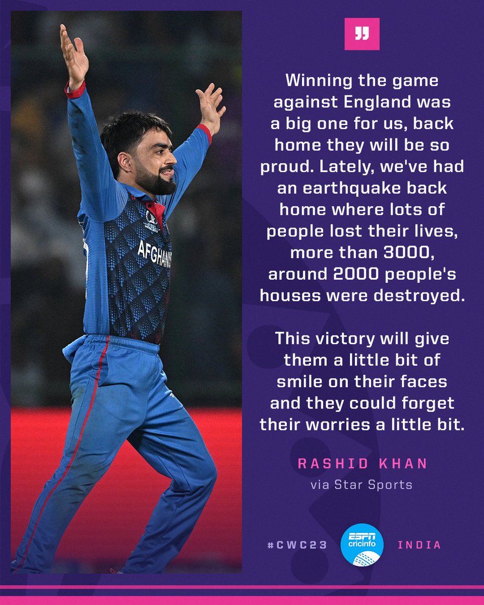 cricinfo's tweet photo. Rashid Khan hopes Afghanistan's win against England can bring some solace during a difficult time back home 💙

https://t.co/ClNhrO6gWR | #CWC23 https://t.co/rYqOAxsgEf