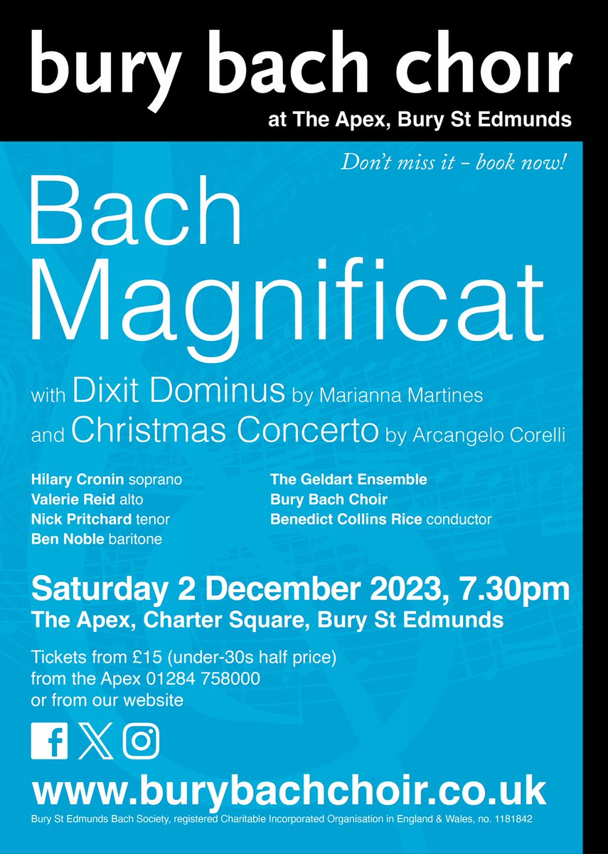 We can’t wait to perform our first concert of the season. Will you be joining us to hear some #Bach, #Corelli and #Martines?

📆 Saturday 2 December
📍<a href="/TheApexVenue/">The Apex</a> 
📞 01284 758000
🎟️ From £15 rb.gy/7jboc

#burybachchoir #burystedmunds #westsuffolk #livemusic #choir