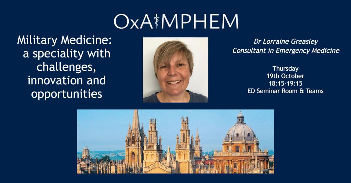 OxAIMPHEM's tweet photo. We're excited to announce Dr Lorraine Greasley as our next speaker- "Military Medicine- a specialty with challenges, innovation and opportunities".
Join us on Thursday 19th October at 6.15pm in the ED seminar room and online and Teams:
https://t.co/8vxjEbG1Gm
See you there! https://t.co/xAXzKvl4f4